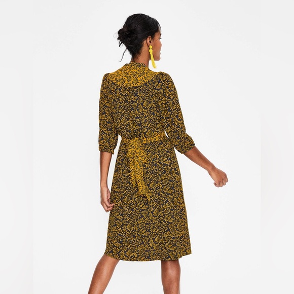 Boden Ariadne Midi Dress Boho Peasant Tie Waist Printed Yellow Navy Blue Size 6 - Picture 4 of 10